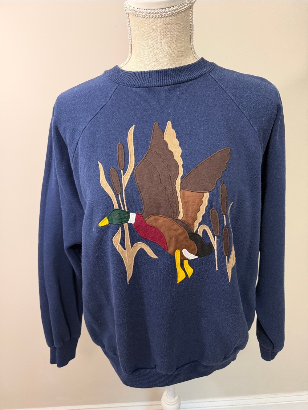 Vintage Hanes Navy Crewneck Sweater with Embroidered Mallard